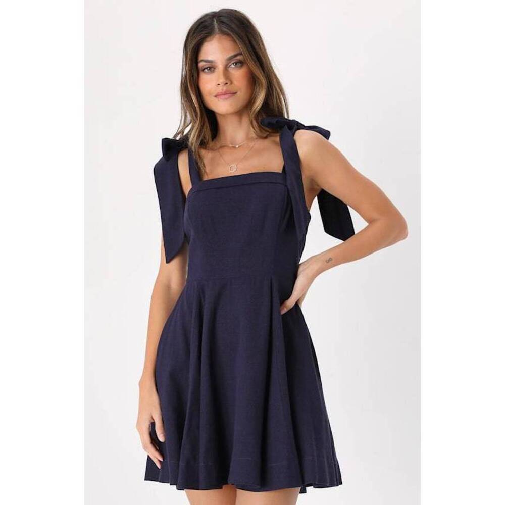 Lulus Flirtatious Looks Navy Blue Tie-strap Mini Dress With Pockets - Size S